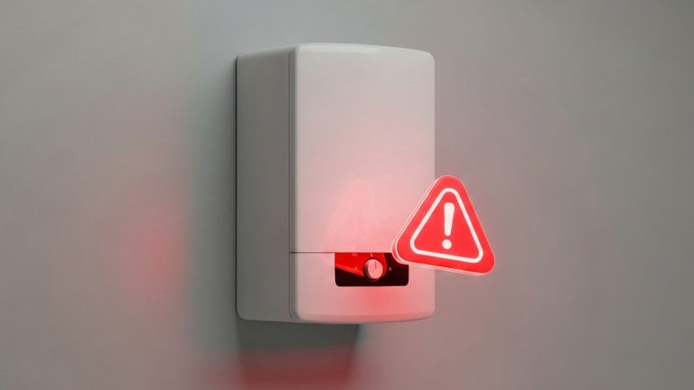 پکیج دیواری با علامت قرمز هشدار شناور روی دیوار مینیمال سفید