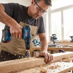 یک نجار در حال استفاده از دریل شارژی بوش در کارگاه