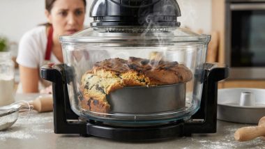 یک خانم در حال نگاه کردن به کیکی که در هواپز خراب شده